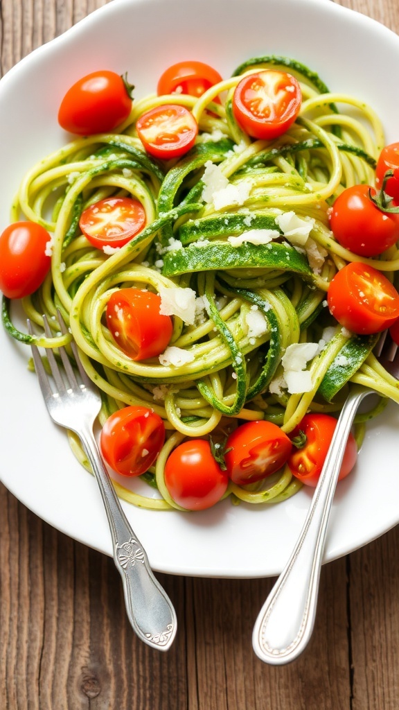 Zucchini noodles with pesto sauce, cherry tomatoes, and Parmesan cheese on a wooden table.